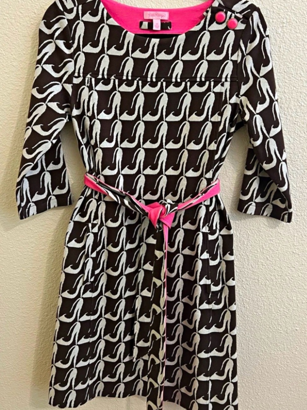Ladies Shift S MOD Dress Brown White sweater Graphic Geometric shoe retro